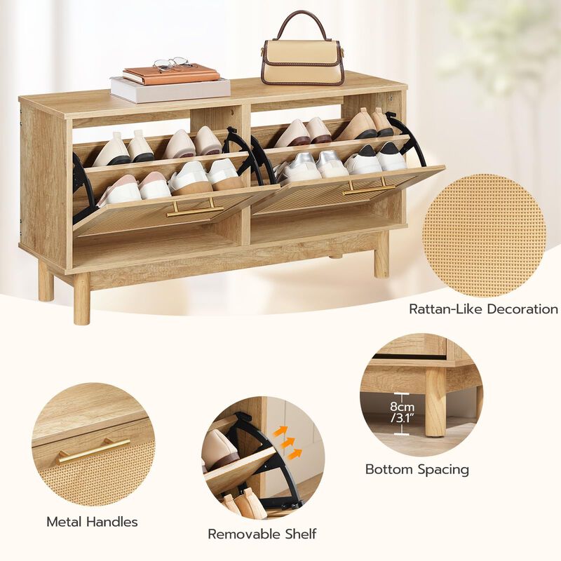 Rattan Shoe Bench with Flip-Top Drawers, Storage Organizer for Entryway image number 5