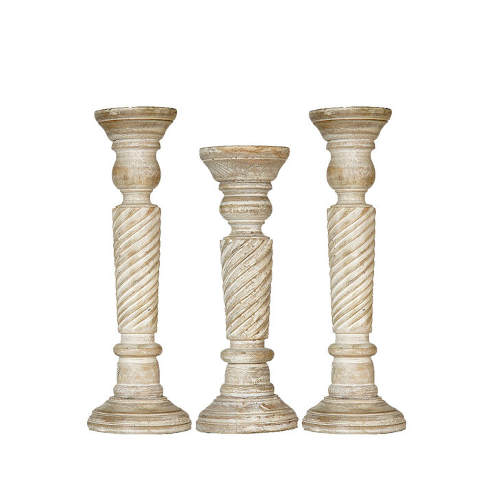 Traditional Antique White Eco-friendly Handmade Mango Wood Set Of Three 15",12" & 15" Pillar Candle Holder BBH Homes