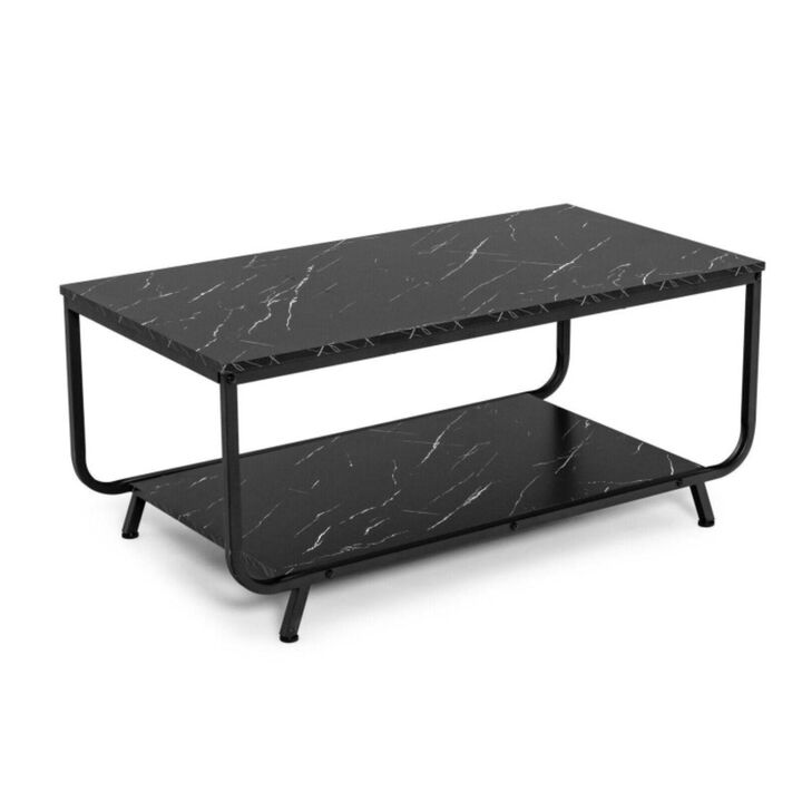 Hivvago 2-Tier Modern Marble Coffee Table with Storage Shelf for Living Room-Black