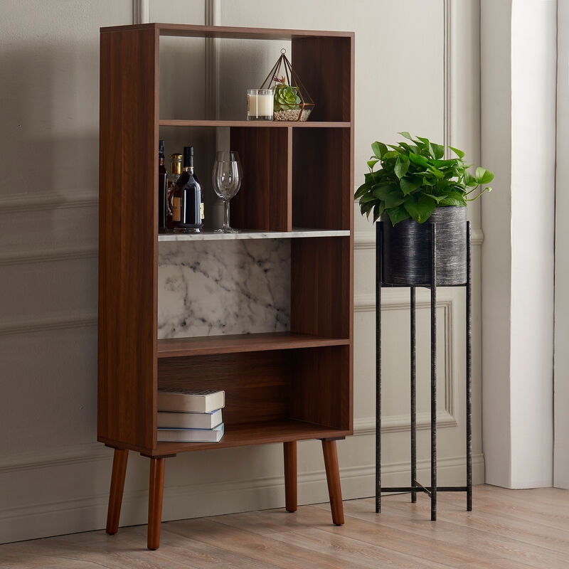 Kingston Bookcase with Faux Marble Shelf & Accents, White/Walnut image number 5