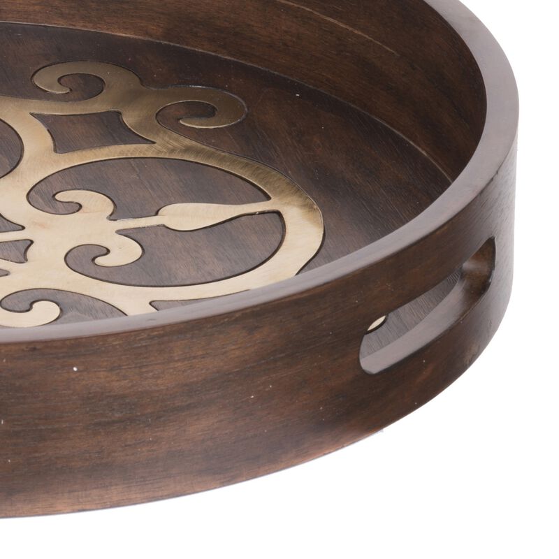 18 Inch Round Decorative Tray, Brass Inlaid Design and Brown Wood Frame-Benzara