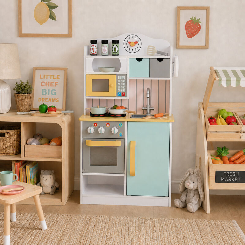 Teamson Kids Little Chef Florence Compact Wooden Play Kitchen with Oven, Microwave, Sink, Half Fridge, Clicking Knobs, Storage, 5 Accessories, Pretend Play Set image number 8