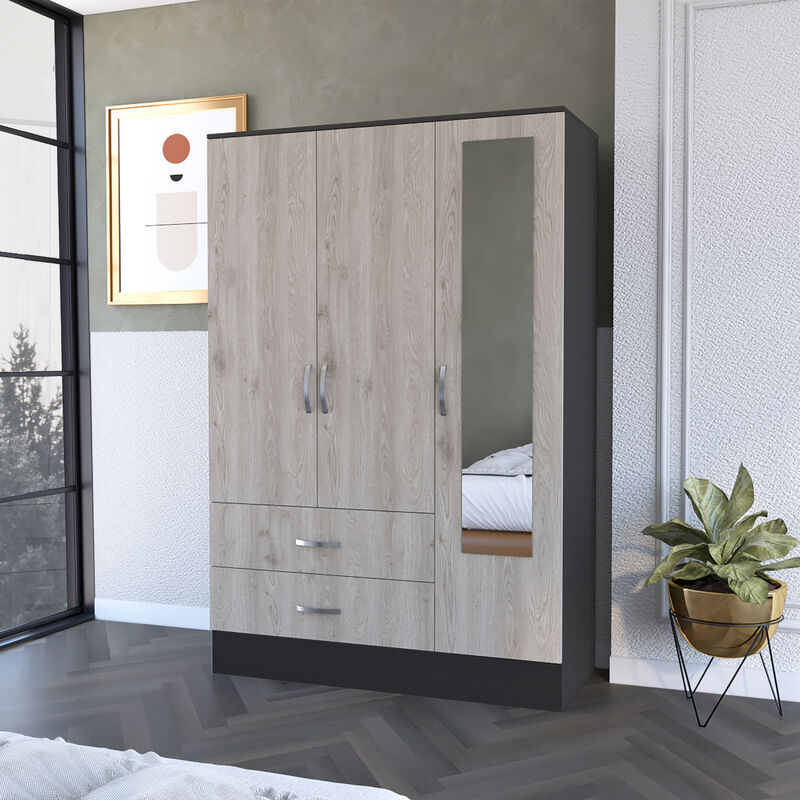 Black Rock 2-Drawer Small Armoire with Mirror Door Black Wengue and Light Gray