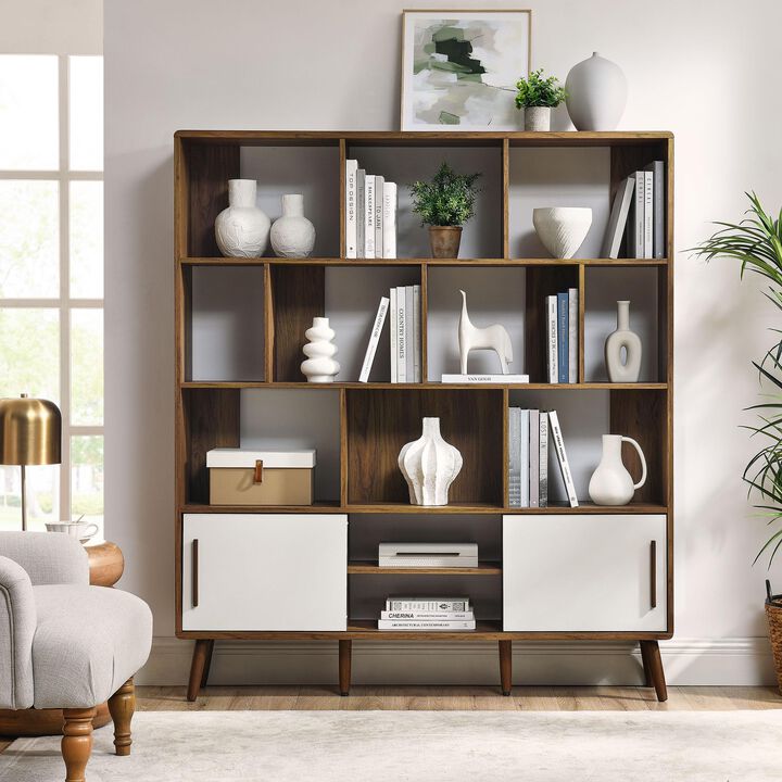 Modway Transmit 14 Shelf Bookcase with Sliding Doors in Walnut - 59 Inch Wood Mid-Century Modern Bookshelf - 4 Tier Wide Open Display Storage Cabinet for Living Room, Office, Hallway