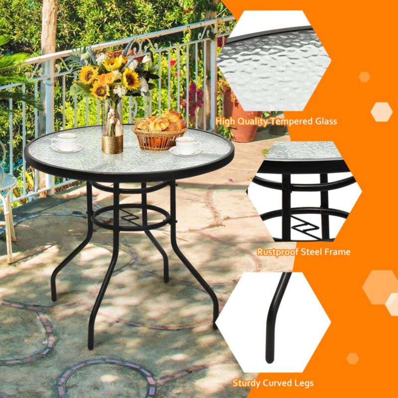 Hivvago 32 Inch Patio Tempered Glass Steel Frame Round Table with Convenient Umbrella Hole