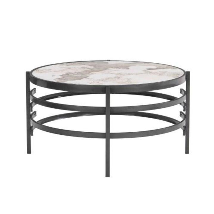 32.48'' Round Coffee Table With Sintered Stone Top&Sturdy Metal Frame, Modern Coffee Table for Living Room, Darker Gray