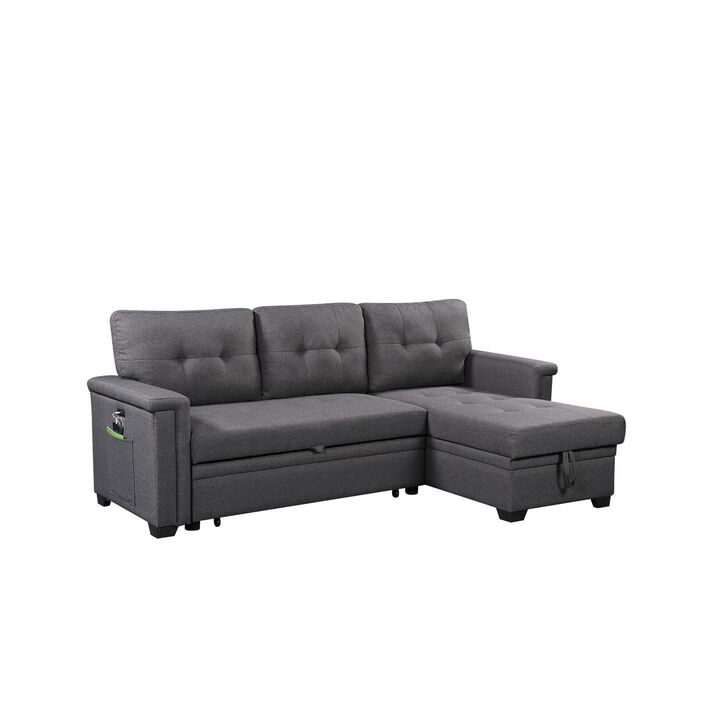 Nathan Dark Gray Reversible Sleeper Sectional Sofa with Storage Chaise, USB Charging Ports and Pocket