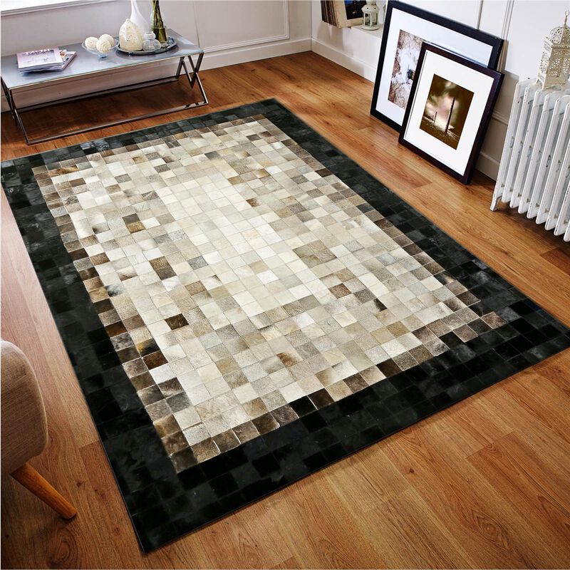 Genuine Beige Cowhide Patchwork Rug with Black Border image number 1