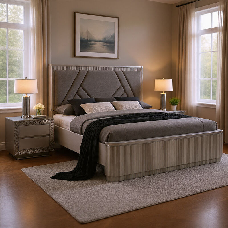 Queen Bedroom Set, Gray, Silver Wood, 2 Piece Set with Nightstand image number 1