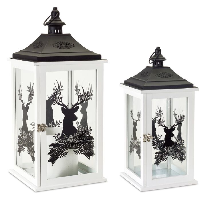 Set of 2 Wood Merry Christmas Lanterns for Seasonal Home Accents