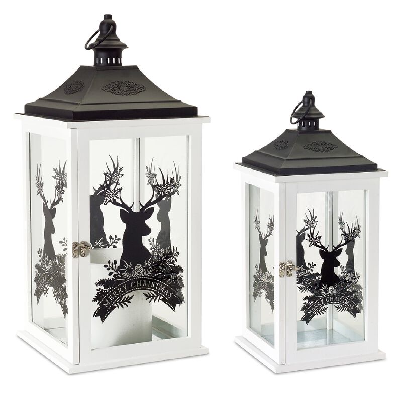 Set of 2 Wood Merry Christmas Lanterns for Seasonal Home Accents