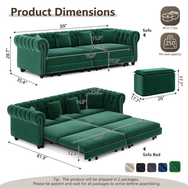 Whisen 3-in-1 Pull-Out Sofa Bed, 3-Seater Sofa, Convertible Sleeper Sofa Bed with Movable Ottoman image number 9