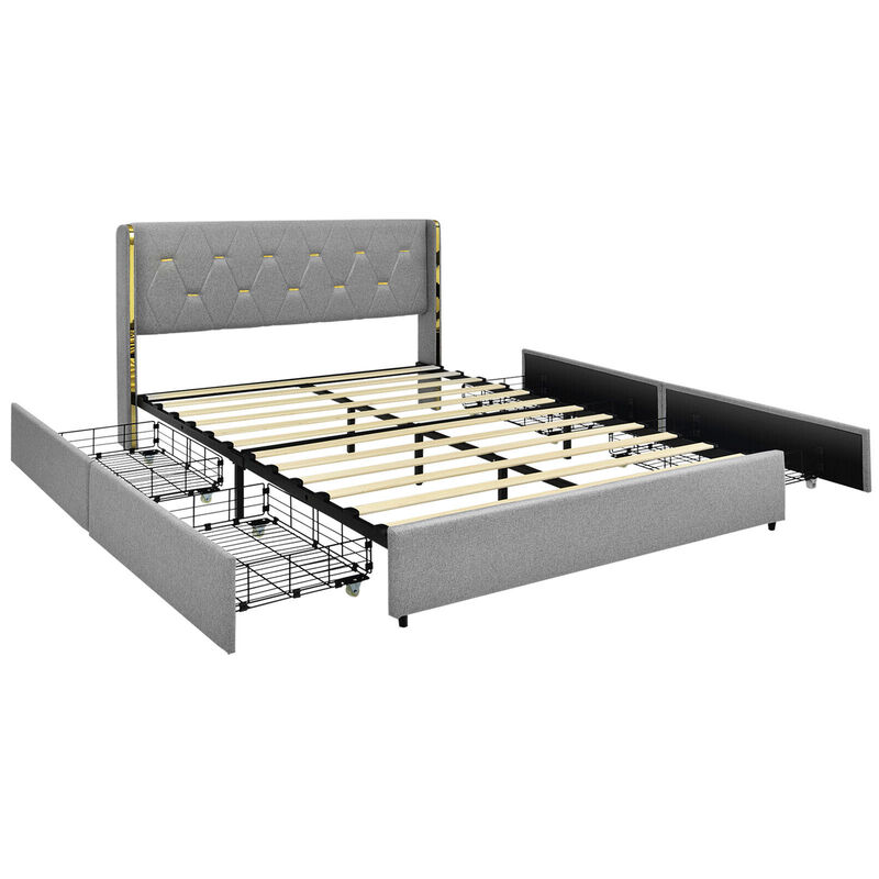 Full/Queen Size Upholstered Bed Frame with 4 Drawers-Silver
