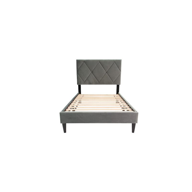 Poundex Adjustable Diamond Tufted Headboard Twin Bed Frame in Gray Velvet