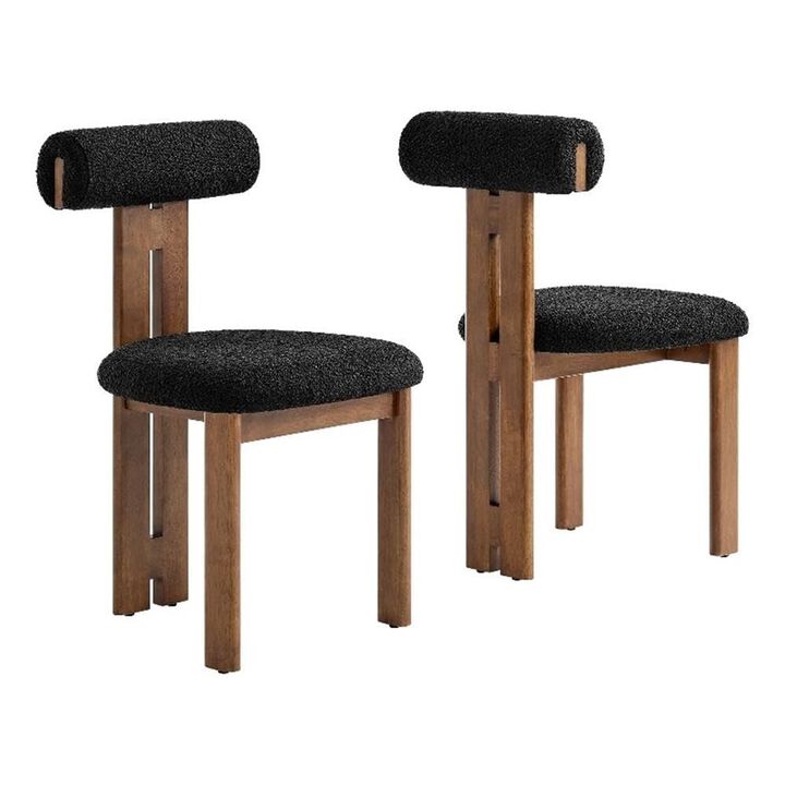 Modway Torian Upholstered Boucle Dining Chairs Set of 2 in Walnut Black - 3-Legged Farmhouse Kitchen Chairs - Mid-Century Modern Armless Accent Chairs - Comfortable Side Chairs with Wood Legs