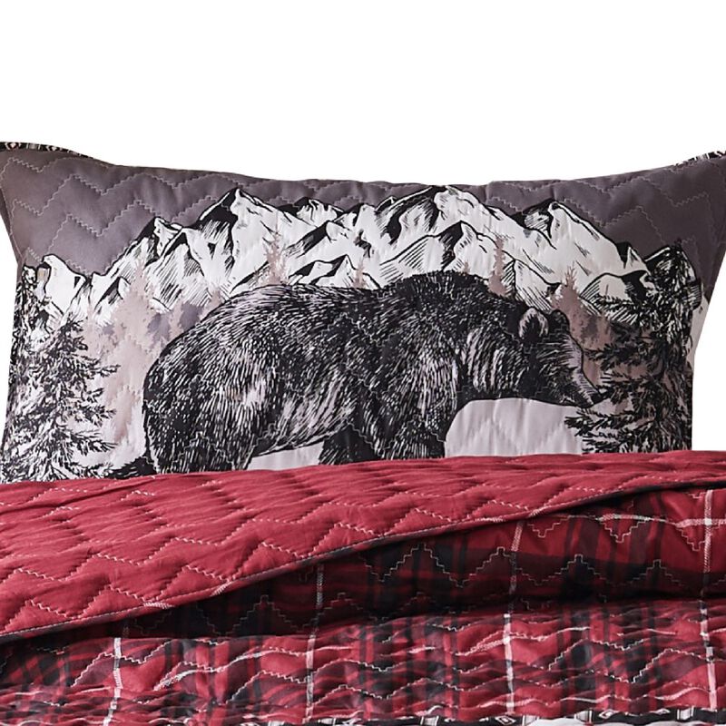 Sofia 20 x 36 King Pillow Sham, Red Plaid Microfiber, Bear and Mountain-Benzara