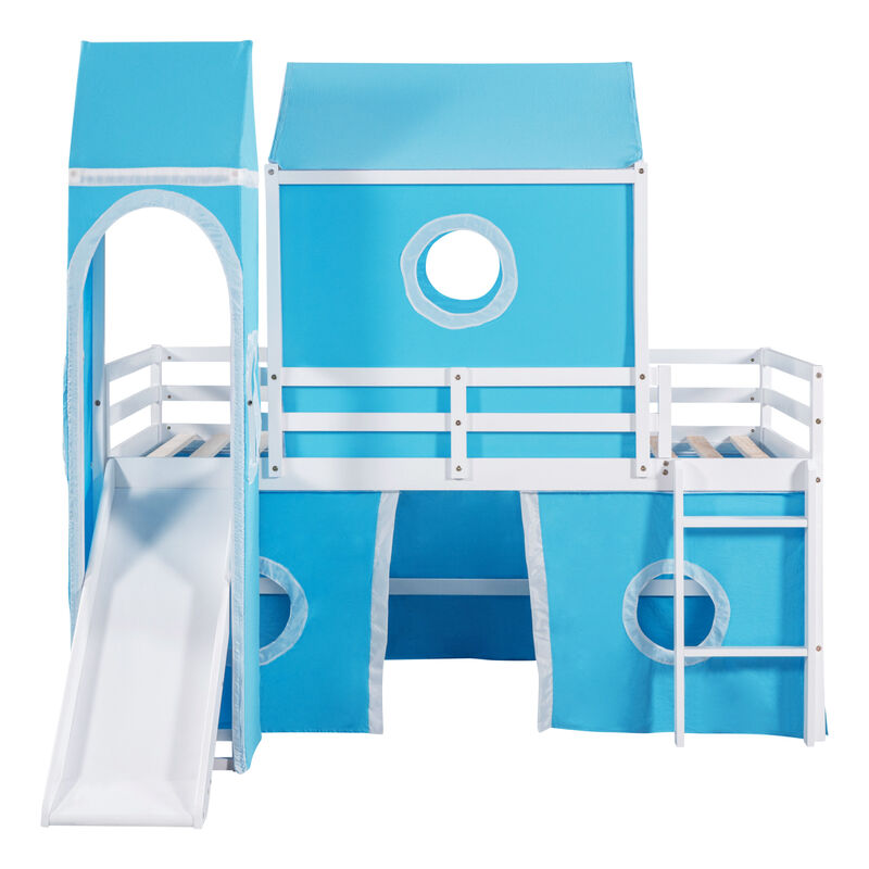 Twin Size Bunk Bed with Slide Blue Tent and Tower - Blue