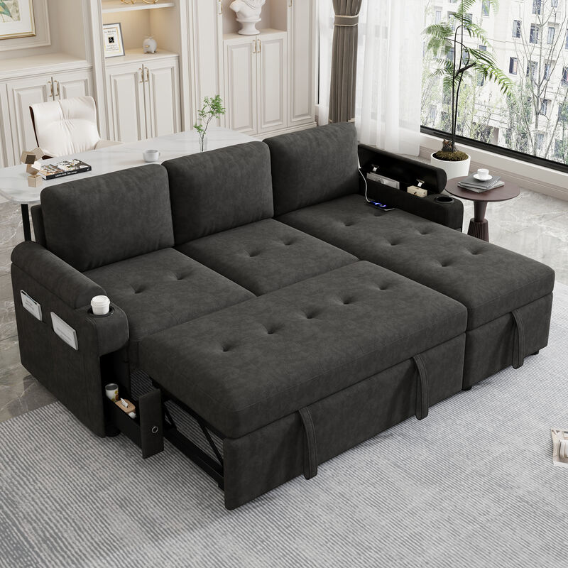 Frakip L‑Shaped Chenille Pull‑Out Sleeper Sectional Sofa image number 2