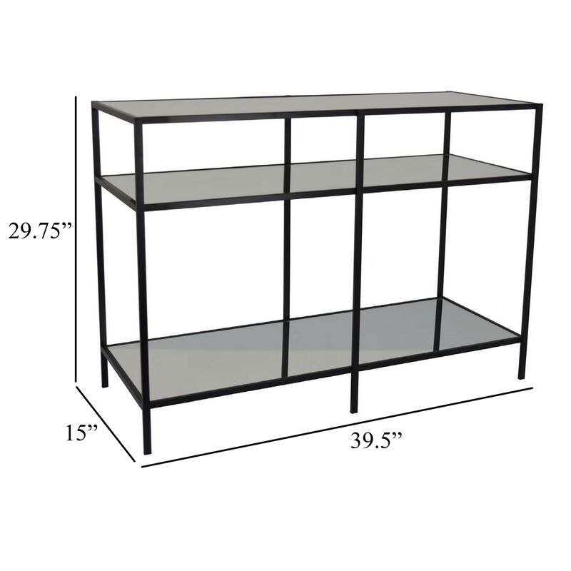 Gwen Plant Stand with 3 Mirrored Shelves, Black Metal Frame 40 Inch - Benzara