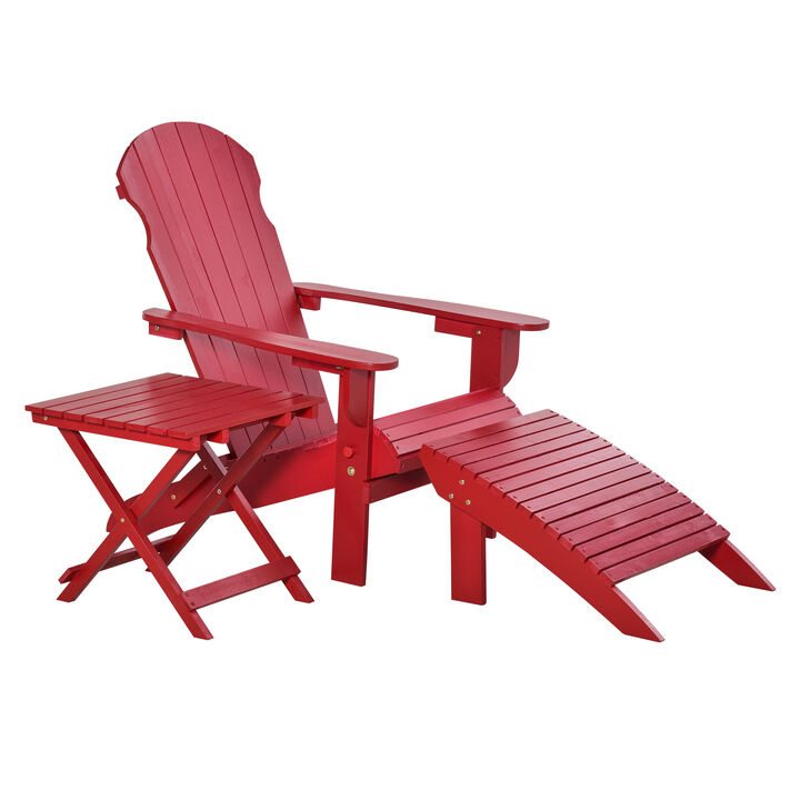 Outsunny 3-Piece Folding Adirondack Chair with Ottoman and Side Table, Outdoor Wooden Fire Pit Chairs w/ High-back, Wide Armrests for Patio, Backyard, Garden, Lawn Furniture, Red