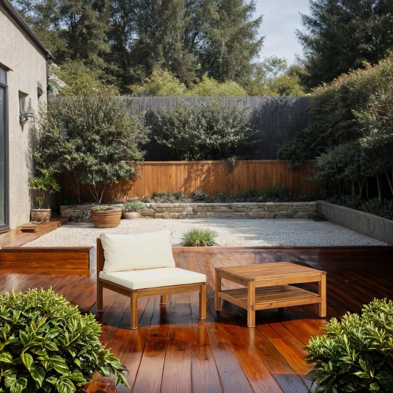 2pc Outdoor Patio Sofa and Table Set, Ivory Cushion, Brown Acacia Wood - Benzara