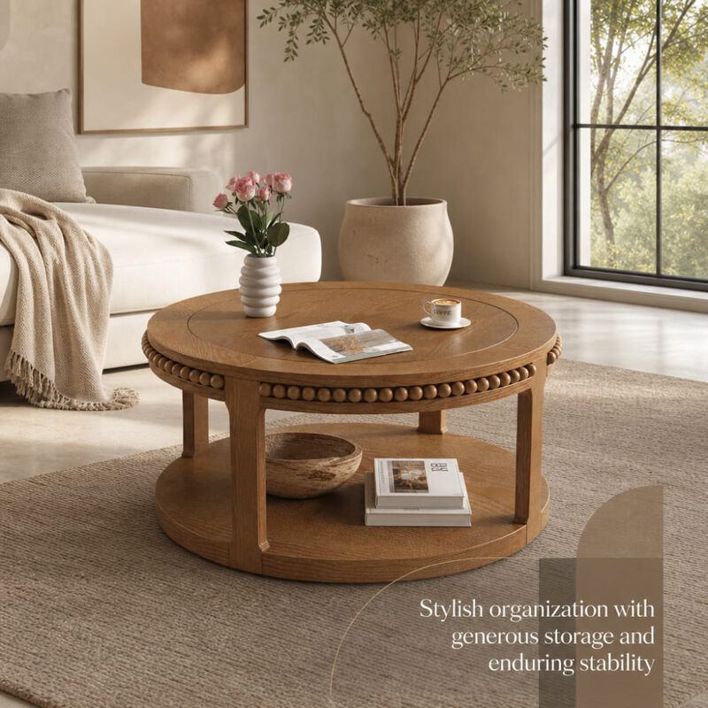 GOODSILO 31.5 Inch Two-Tier Round Solid Wood Coffee Table and Sofa Table Sturdy Thickened Top Heavy-Duty Circle Accent Table for Living Room Lounge and Sofa Areas image number 4