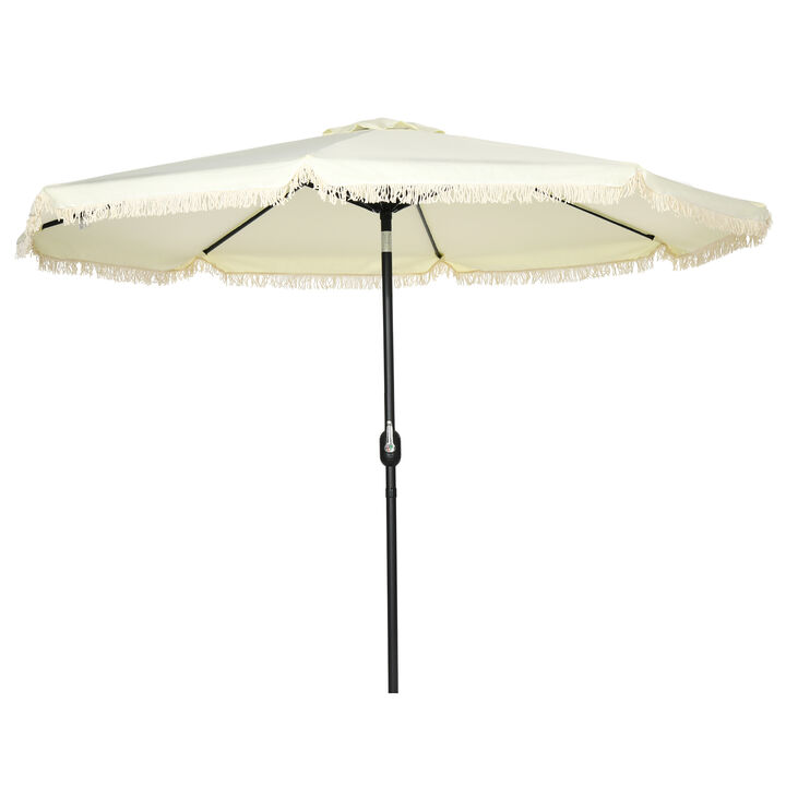 Outsunny 9ft Patio Umbrella with Push Button Tilt and Crank, Ruffled Outdoor Market Table Umbrella with Tassles and 8 Ribs, for Garden, Deck, Pool, Cream White