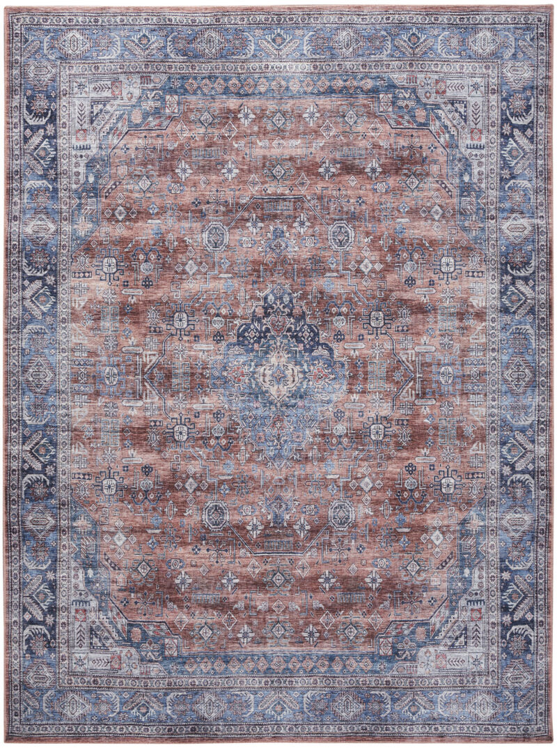 5 x 7 Blue and Red Oriental Power Loom Distressed Washable Non Skid Area Rug