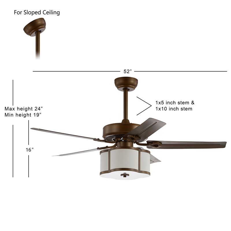 Edith 52" 3-Light Metal/Wood LED Ceiling Fan With Remote, Satin Bronze