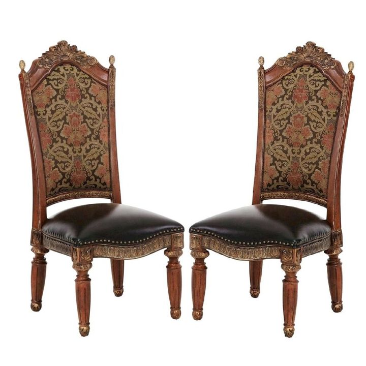 Starlight Canyon Home Classic Chestnut Dining Side Chairs with Leather & Jacquard Upholstery, Set of 2