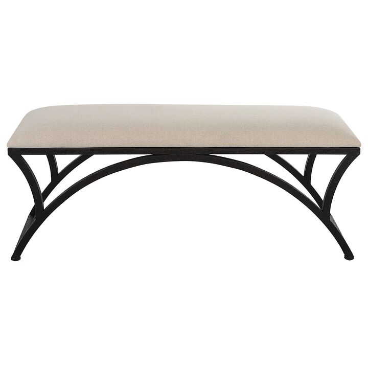 47 Inch Modern Accent Bench with Arched Frame, Cushioned Top, Beige, Black-Benzara