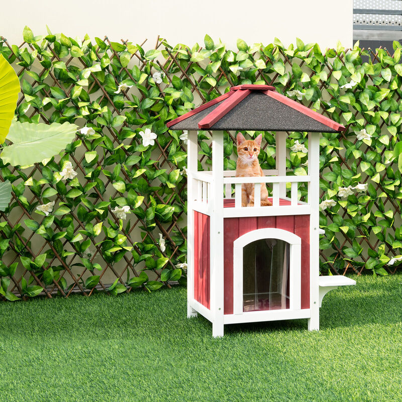 Outdoor 2-Story Wooden Cat House with Balcony, Roof & Rain Curtain &ndash; Red image number 5