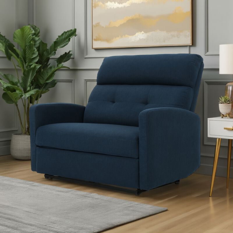 Power Recliner Chair, Oversize Wide Seat, Tufted Navy Blue Fabric - Benzara