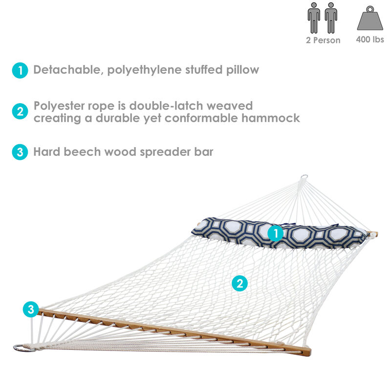 Sunnydaze 2-Person Spreader Bar Rope Hammock with Pillow