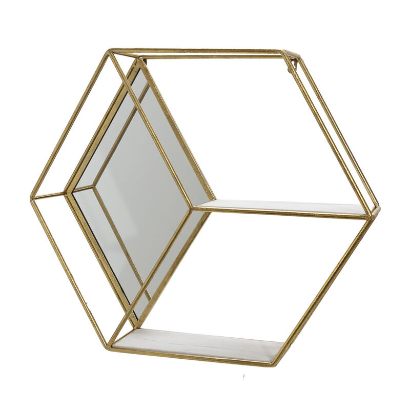 Hexagonal Shaped Metal Wall Shelf with 2 Display Cases, Gold and White - Benzara