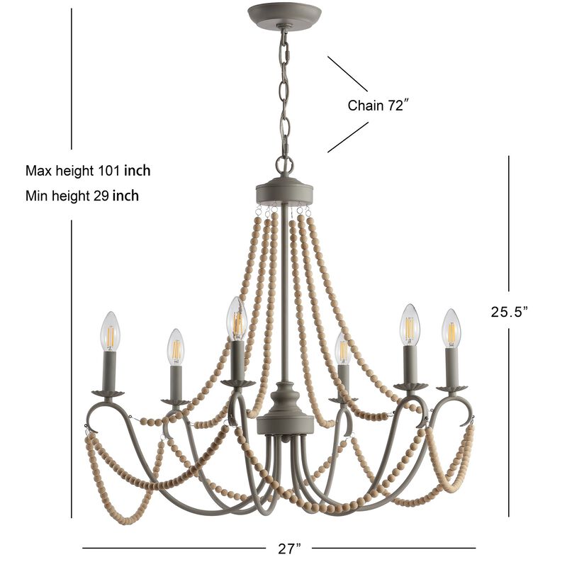Rustica Adjustable Greige Metal/Wood Bead LED Chandelier