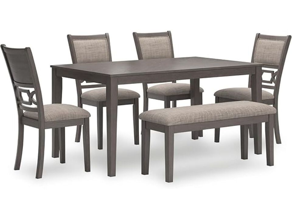 Dining Set &ndash; 6‑Piece Gray Wood Table with Bench & Diamond‑Pattern Upholstered Chairs
