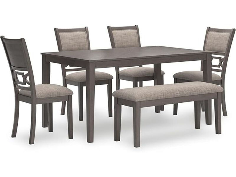 Dining Set &ndash; 6‑Piece Gray Wood Table with Bench & Diamond‑Pattern Upholstered Chairs image number 0