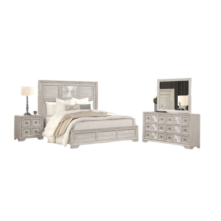 Diaz 4pc Queen Size Bedroom Set, Dresser Mirror, Sunburst Light Gray - Benzara