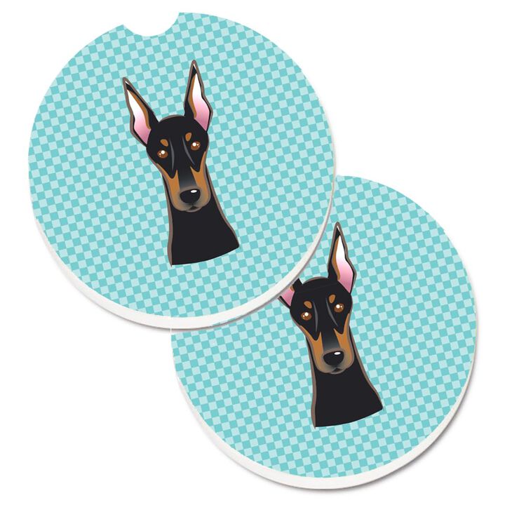 Caroline's Treasures Checkerboard Blue Doberman Set of 2 Cup Holder Car Coasters BB1183CARC, 2.56, Multicolor