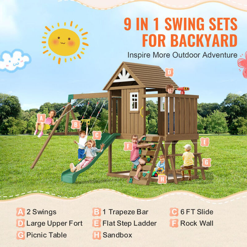 Backyard Wooden Swing Set with Slide and Upper Play Fort for Kids