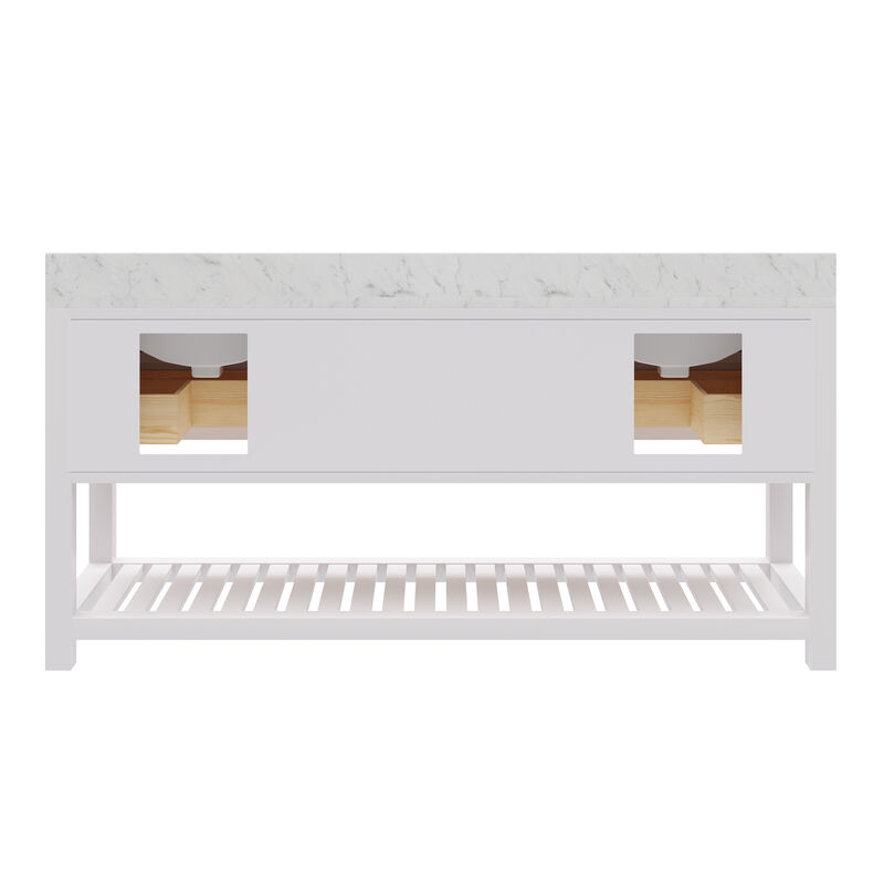 Madalyn 72 In. Double Sink Carrara White Marble Countertop Bath Vanity in Pure White
