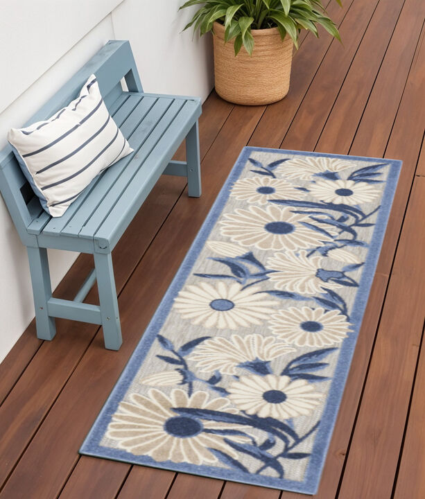 HomeRoots 6' Blue And Gray Floral Indoor Outdoor Runner Rug