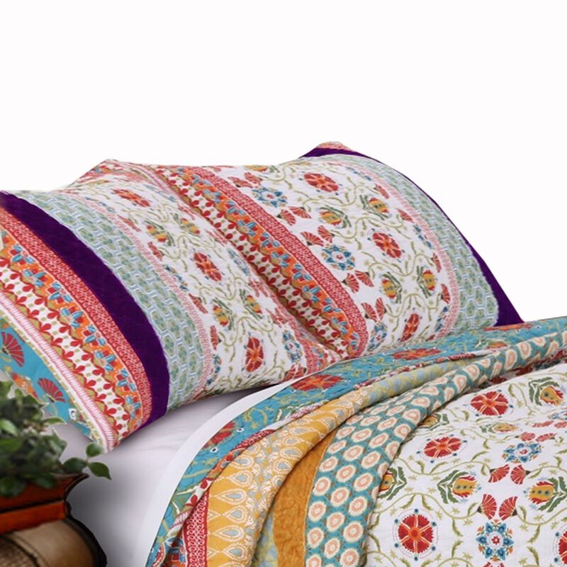 Geometric and Floral Print King Size Quilt Set with 2 Shams, Multicolor - Benzara
