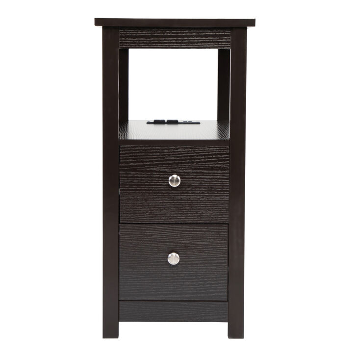 Transitional Nightstand with USB Charging Station, Wooden End Table Bedside Table, 2Drawer Home Kitchen Storage Cabinet Espresso
