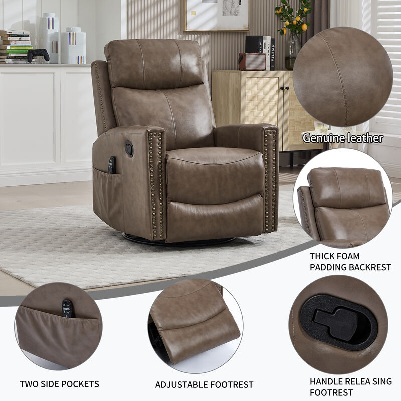 Gnuine Leather Heat Massage Manual Recliner Chair with Rocker and Swivel image number 5