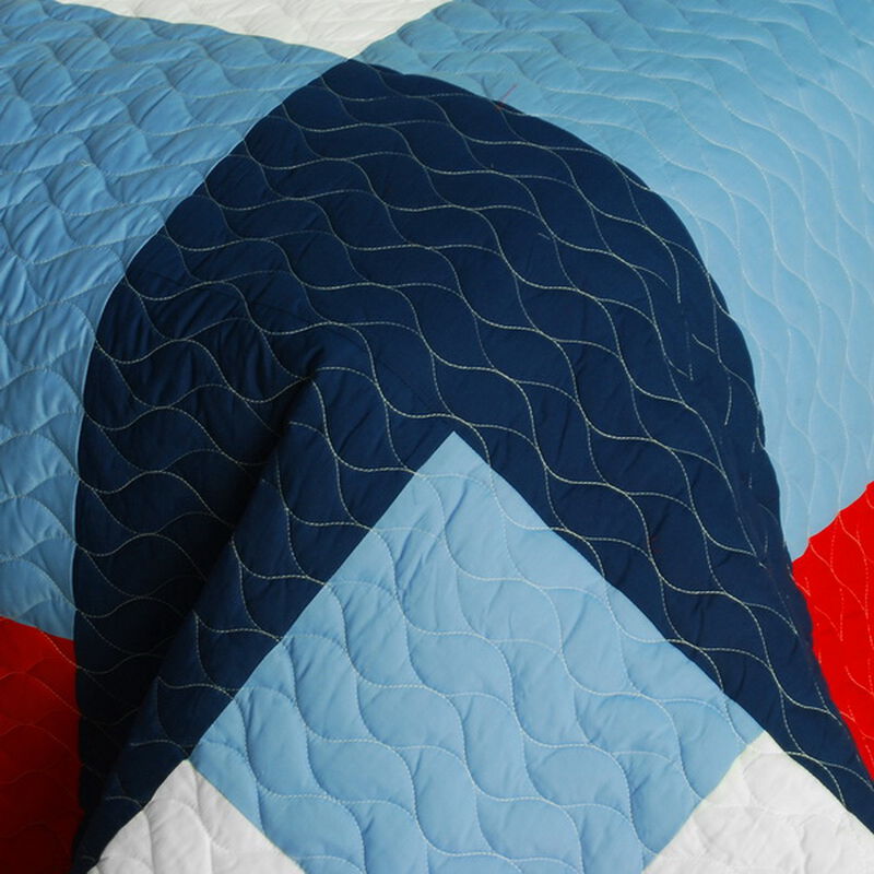 3 PieceVermicelli Quilted QueenSize Quilt Set with Soft Printed Patchwork Pattern-Blue image number 4