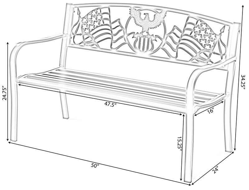 Steel Outdoor Patio Garden Park Seating Bench with Cast Iron Patriotic American Flag and Eagle Backrest, Front Porch Yard Bench Lawn Decor