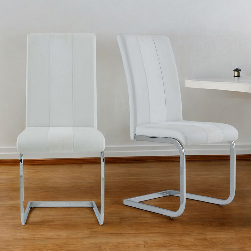 Hivvago Set of Four White and Silver Upholstered Faux Leather Dining Side Chairs