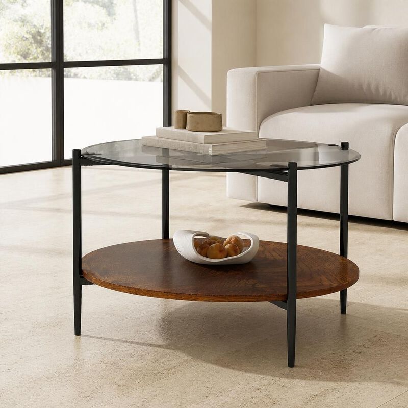 GOODSILO Round Modern Coffee Table with Tempered Glass Top and Solid Wood Storage Shelf, Functional Stylish Living Room Centerpiece image number 2